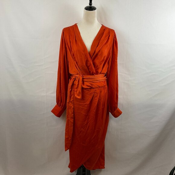 City Chic Opulent Dress XS 14 Orange Amber Crossover Neck Long Sleeve Faux Wrap - Picture 1 of 14
